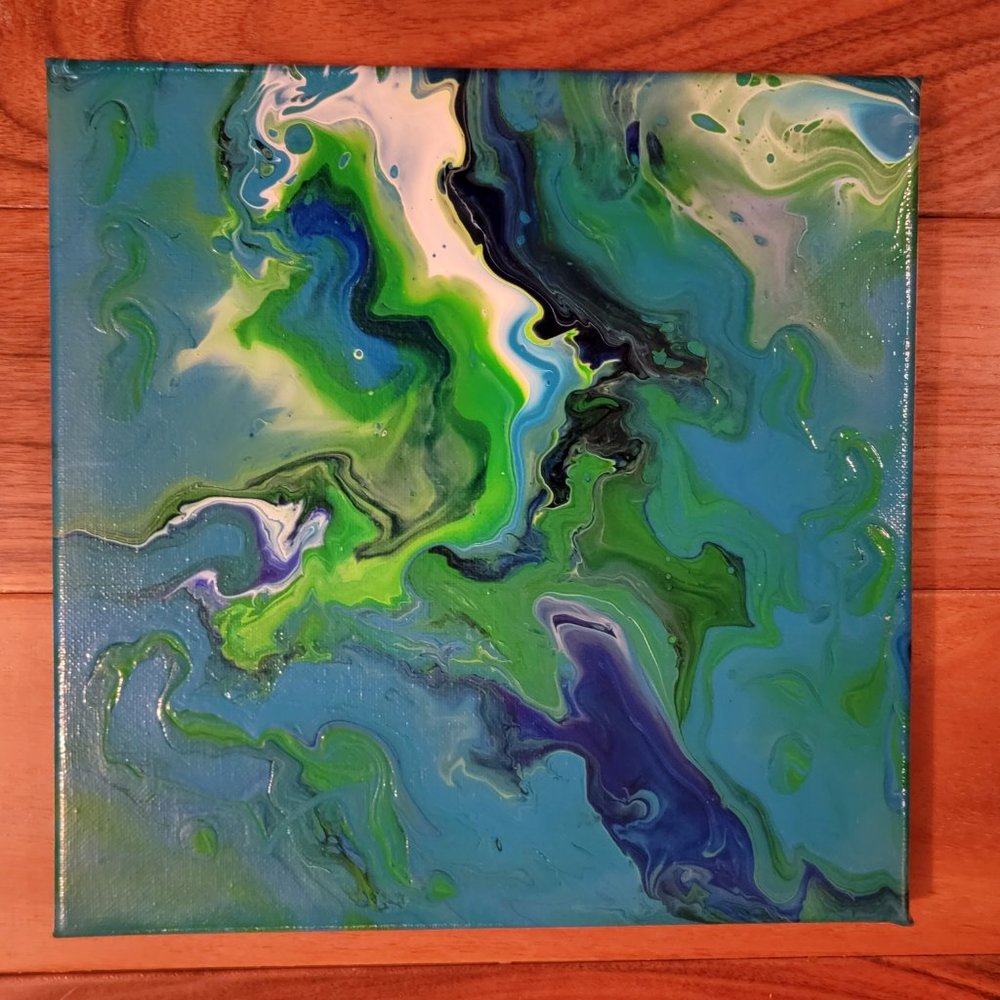 10"x10" blue and green pour painting